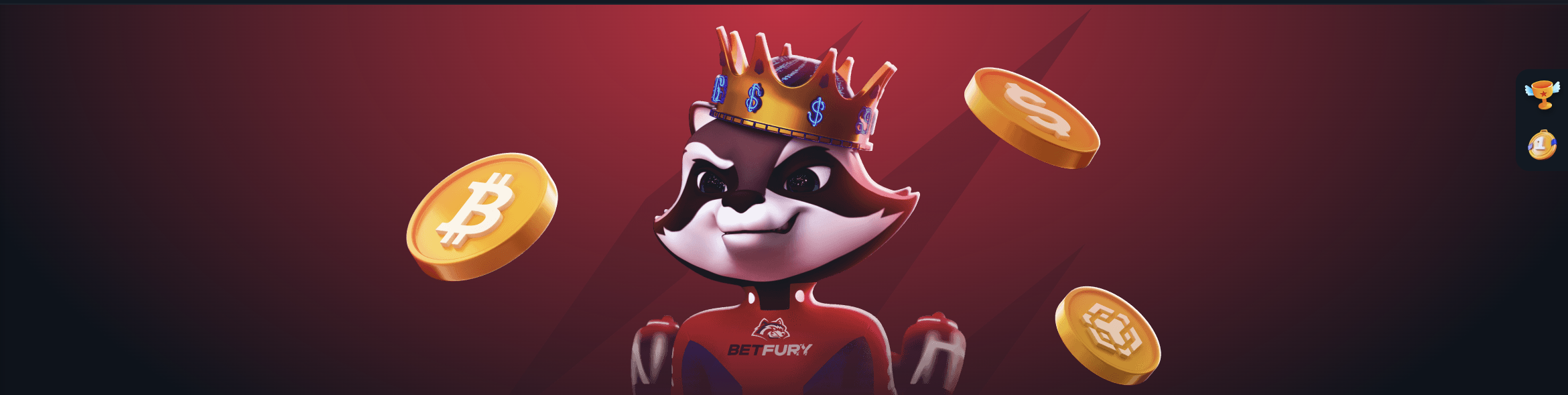 Crowned BetFury raccoon with crypto coins
